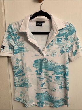 Kona Brewing Company Sunday Swagger White & Teal Polo Golf Dry Fit Shirt